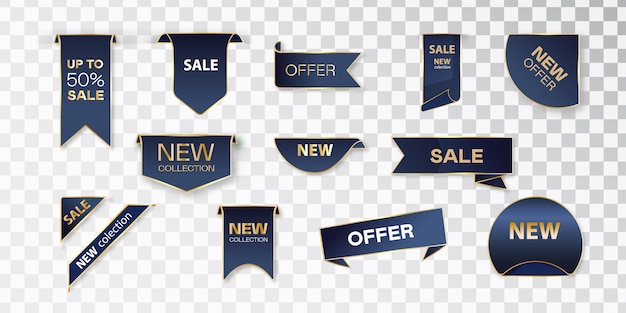 Diferentes ventas blue ribbons flat icon set precio insignias etiquetas de oferta especial y pegatinas de descuento