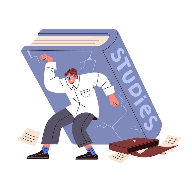 Dificultades de aprendizaje concepto de estrés académico Estudiante infeliz tiene problemas con la educación libro de texto de estudio Presiones de libro pesado persona pequeña Ilustración de vector aislado plano sobre fondo blanco