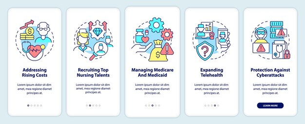 Dificultades de atención médica al incorporar la pantalla de la aplicación móvil Costos crecientes Tutorial 5 pasos páginas de instrucciones gráficas con conceptos lineales UI UX Plantilla de GUI Myriad ProBold Fuentes regulares utilizadas