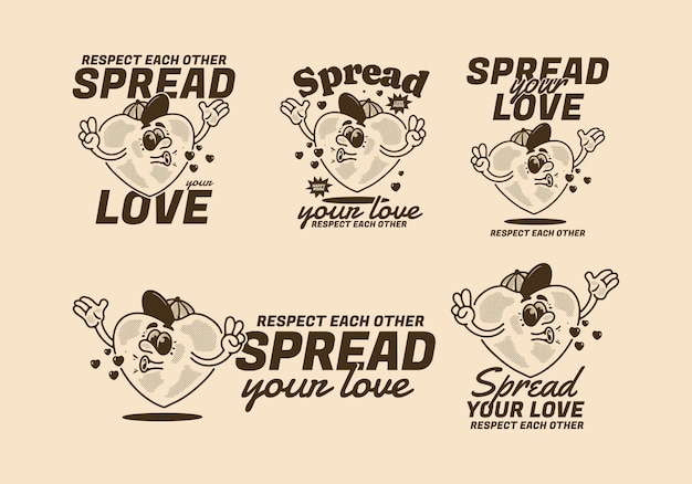 Difunde tu diseño de ilustración de personaje de mascota de corazón de amor en estilo vintage en cinco tipos diferentes