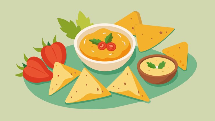 Vector una difusión de papas fritas, hummus casero y pimientos en rodajas para la ilustración vectorial de inmersión