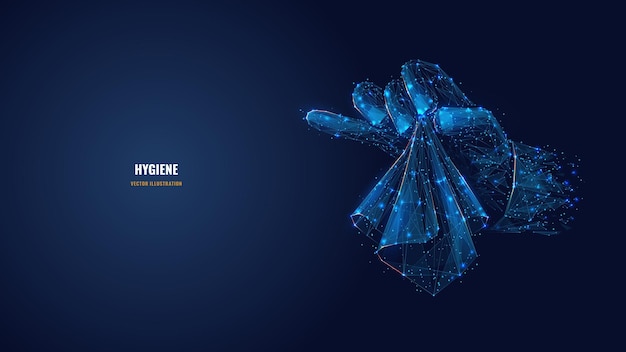 Digital 3d mano sosteniendo tejido o pañuelo Estructura alámbrica vectorial abstracta en azul oscuro