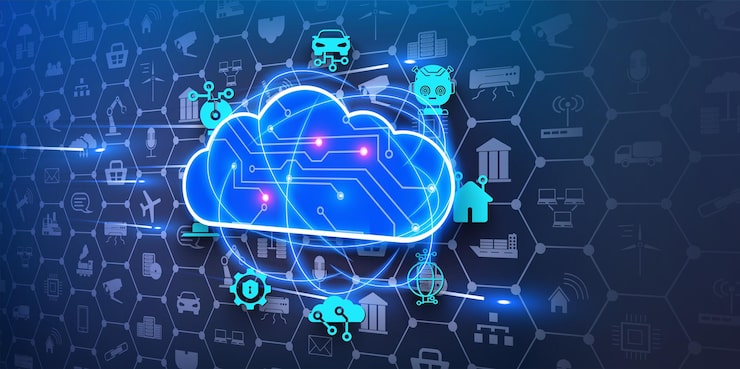 Vector digital cloud computing technology concept with connected icons on a dark blue background computer tech background connection with digital data storage in internet vector illustration