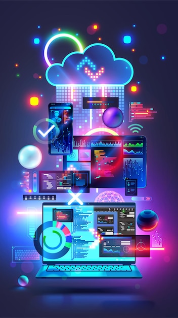 Digital computer technology concept Software development Internet cloud technology Laptop tablet phone elements interface in cyberspace Design UX UI interface Software dev vertical banner