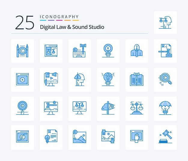 Digital law and sound studio 25 paquete de iconos de color azul que incluye el concepto de idea ley ley de marca