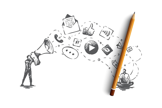 Digital, marketing, online, sitio web, concepto de medios. Iconos dibujados a mano del bosquejo del concepto de servicios de marketing. ilustración.
