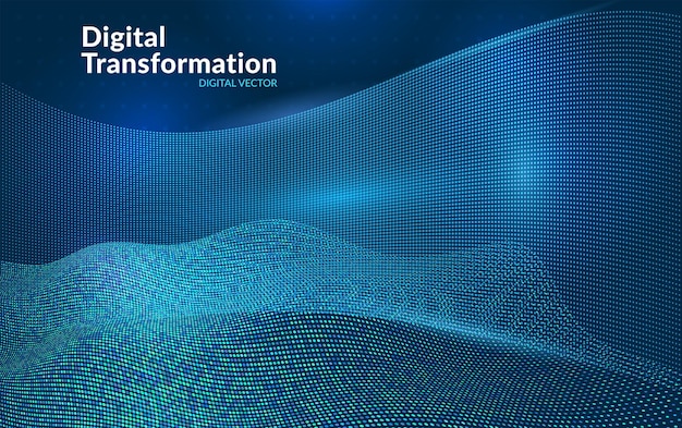 Digital transformation background with glowing blue wave made of particle dots Abstract technology concept representing data visualization innovation and modern artificial intelligence design