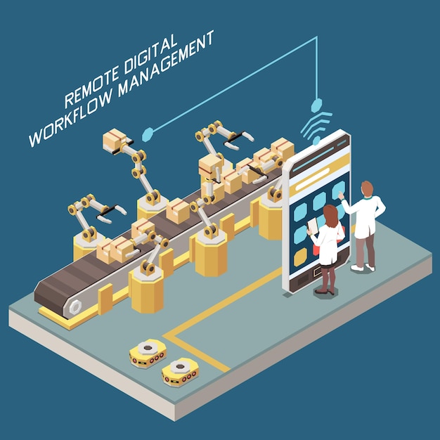 Vector digitalización en concepto isométrico de fabricación con empleados de fábrica que controlan brazos robóticos y transportador