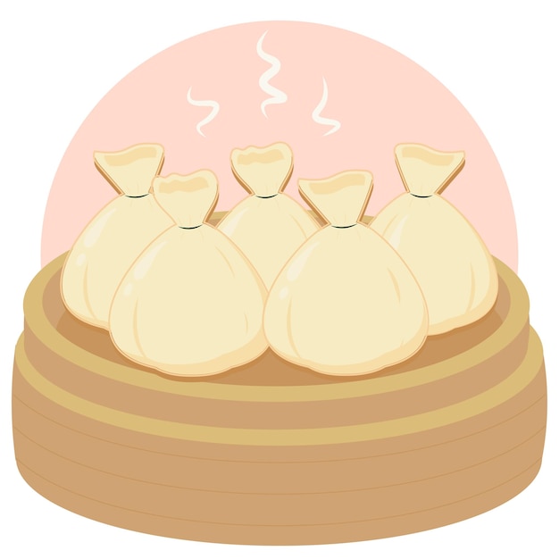 Vector dim sum al vapor en una vaporera de bambú. ilustración de comida china dibujada a mano