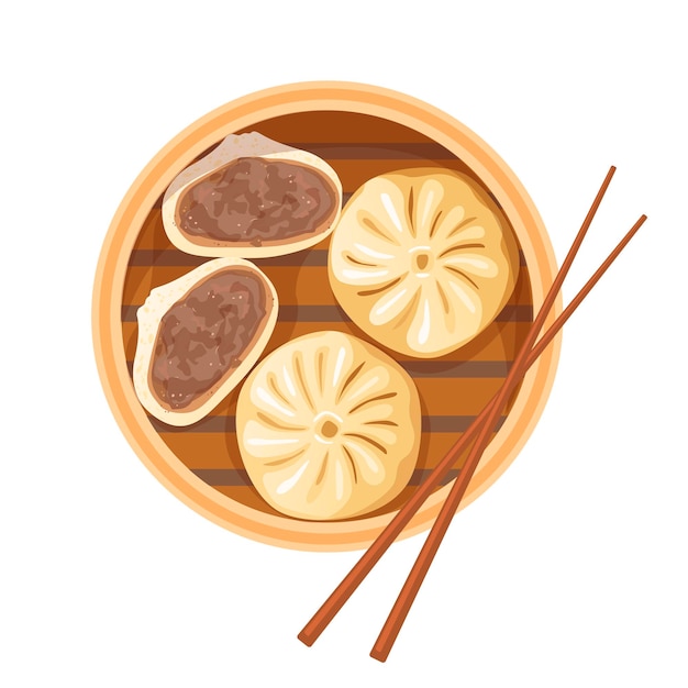 Dim sum albóndigas chinas tradicionales en cesta de vapor de bambú Vista desde arriba Ilustración de vector de comida asiática