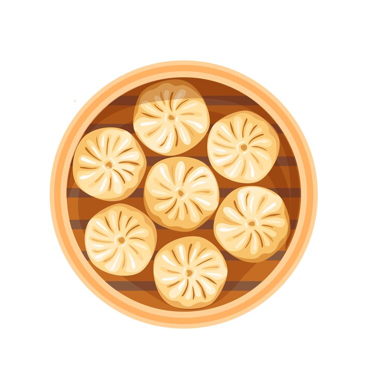 Vector dim sum albóndigas chinas tradicionales en cesta de vapor de bambú vista desde arriba ilustración de vector de comida asiática