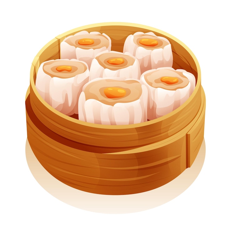 Vector dim sum en una vaporera de bambú. ilustración de vector de comida china