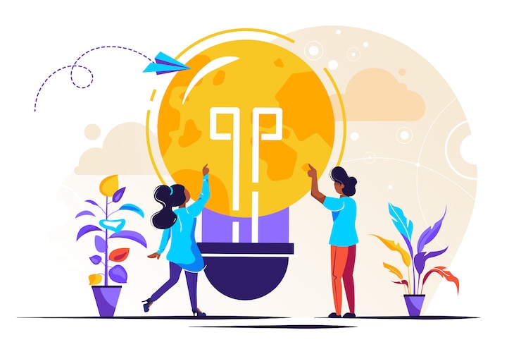 Vector diminutas personas de trabajo creativo. lluvia de ideas simbólica