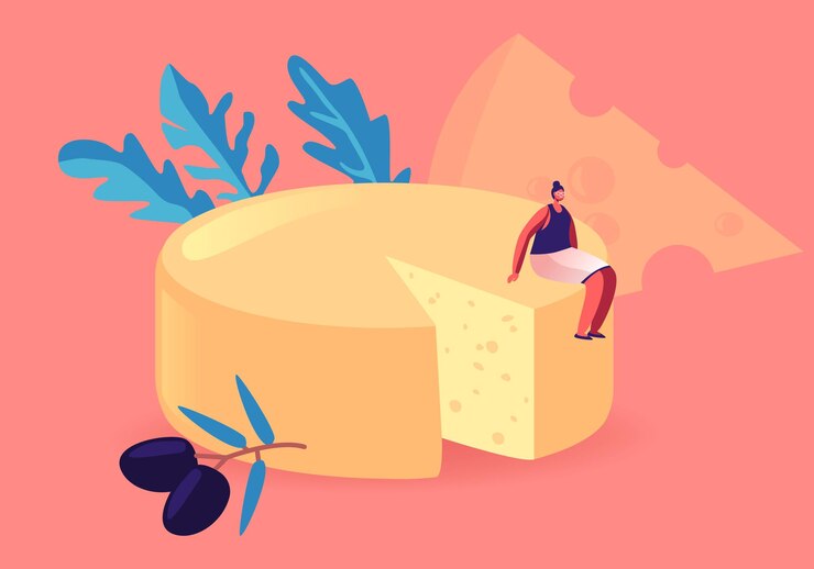 Vector diminuto personaje femenino gourmet sentado en un enorme bloque redondo de queso amarillo fresco con aceitunas. ilustración de dibujos animados