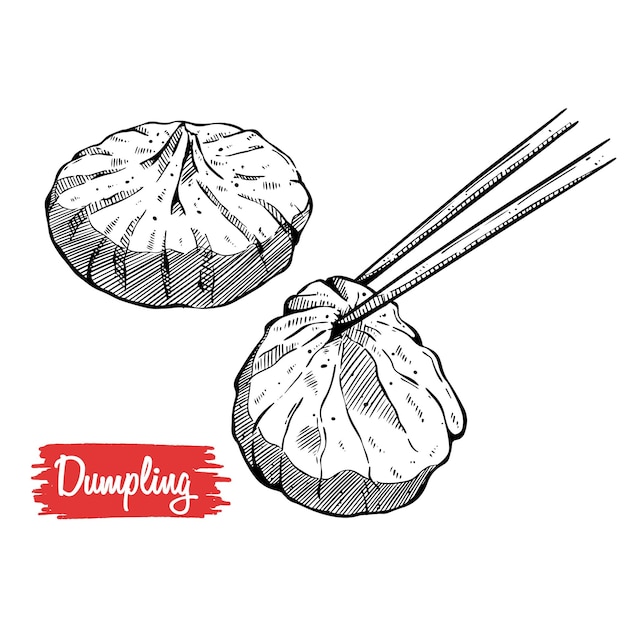 Dimsum dumpling Tradición china bocetos dibujados a mano con palillos sobre fondo blanco de aislamiento