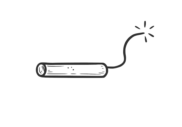 Dinamita dibujada a mano con elemento fuego. Estilo de dibujo cómico del doodle. Dinamita para el icono del concepto de explosión. Ilustración vectorial.