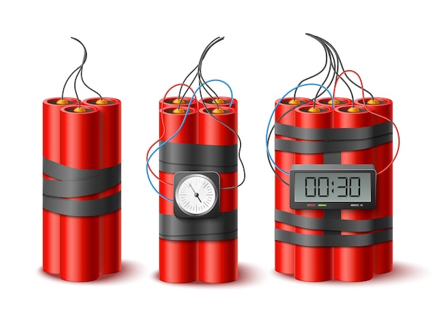 Dinamita realista Fuegos artificiales paquetes con mecha bombas clásicas con detonadores mecanismos de reloj armas de destrucción masiva explosivos militares 3D elementos aislados conjunto vectorial total