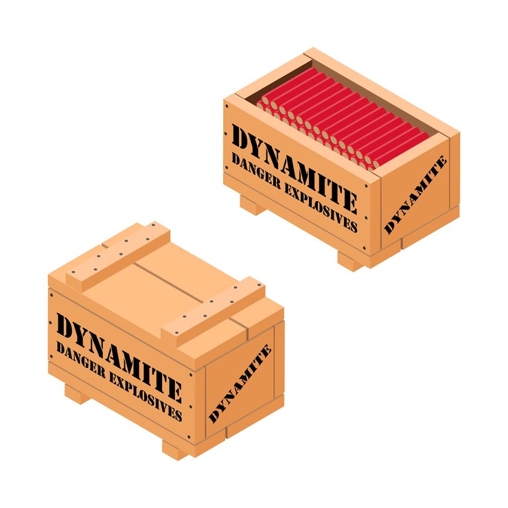 Vector dinamita roja tnt en una caja de madera explosivos peligrosos dinamita