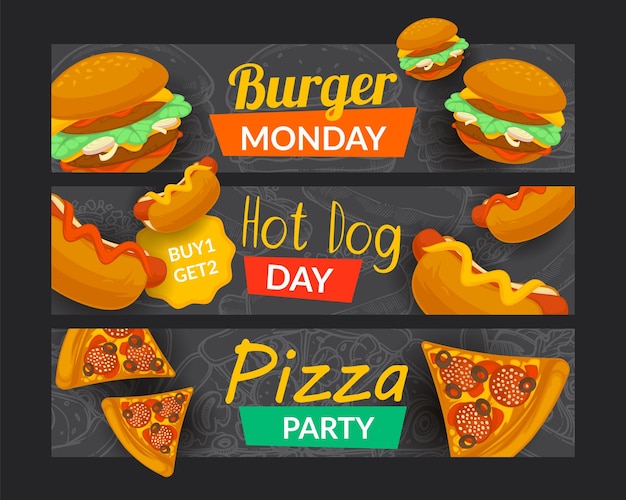 Diner banner set burger day hot dog pizza party