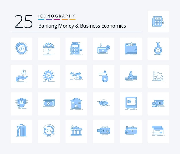 Vector dinero bancario y economía empresarial 25 paquete de iconos de color azul que incluye la calculadora de dinero comercial de corte bancario