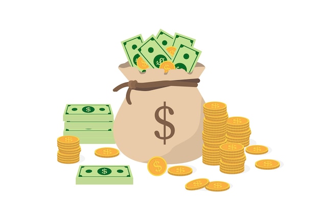 Dinero. Bolsa de dinero de estilo plano. Dinero en efectivo y monedas de oro. Billetes de dólares. dinero apilado