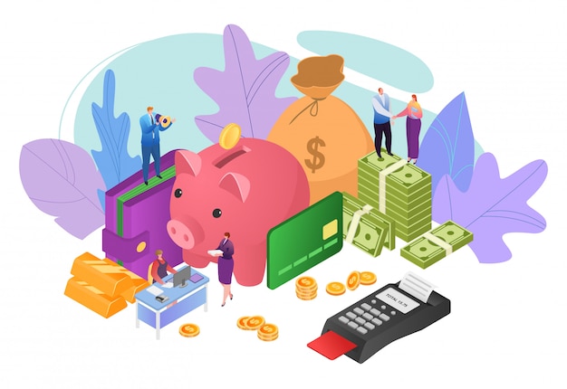 Dinero en concepto de negocio, Ilustración de beneficio financiero. Gente de éxito inversión en efectivo, riqueza de monedas financieras.
