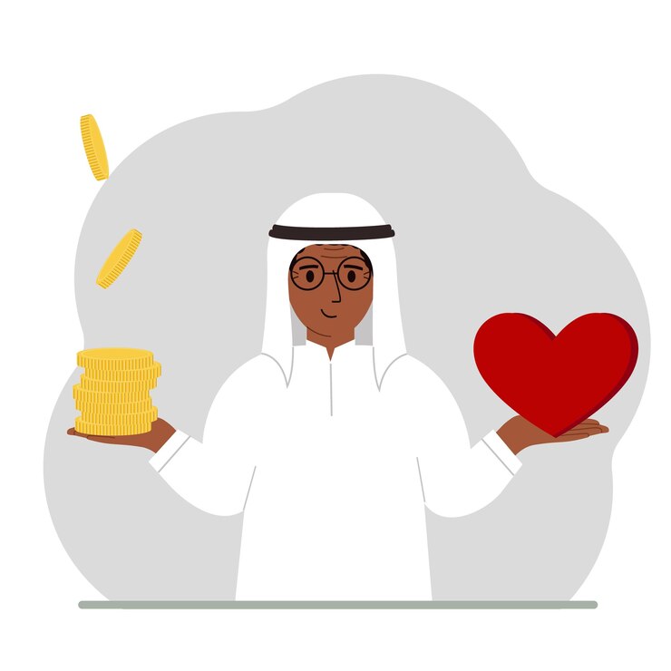 Vector dinero y un corazón rojo en manos de un hombre desequilibrio en el estilo de vida y el trabajo comparación del estrés empresarial y un estilo de vida saludable equilibrio entre el trabajo y la vida