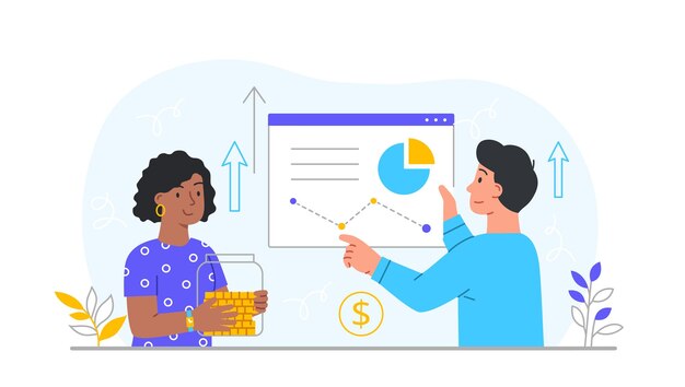 Vector el dinero crece concepto mujer y hombre analizan gráficos trabajando con estadísticas empresa creciente desarrollo