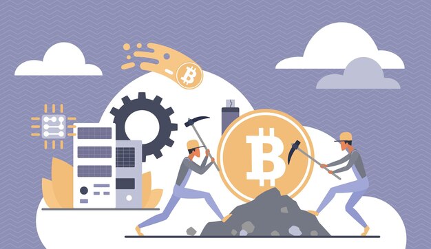 Dinero criptográfico tecnología de moneda digital hombres pequeños mineros que minan bitcoin con picos