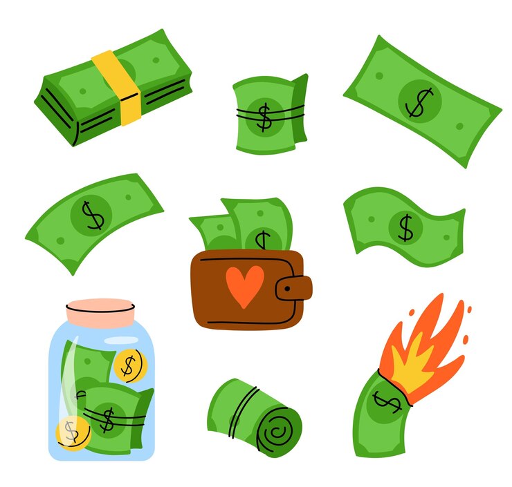 Vector dinero de dibujos animados diferentes billetes de dólar diferentes verdes monedas de oro hucha tarjeta de crédito tarro y billetera símbolos bancarios ganancias e ingresos de inversión finanzas negocios pegatinas conjunto de vectores