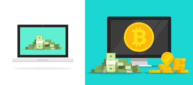 Dinero digital de bitcoin en el icono de la pantalla de la computadora plano o moneda criptográfica web efectivo electrónico en línea