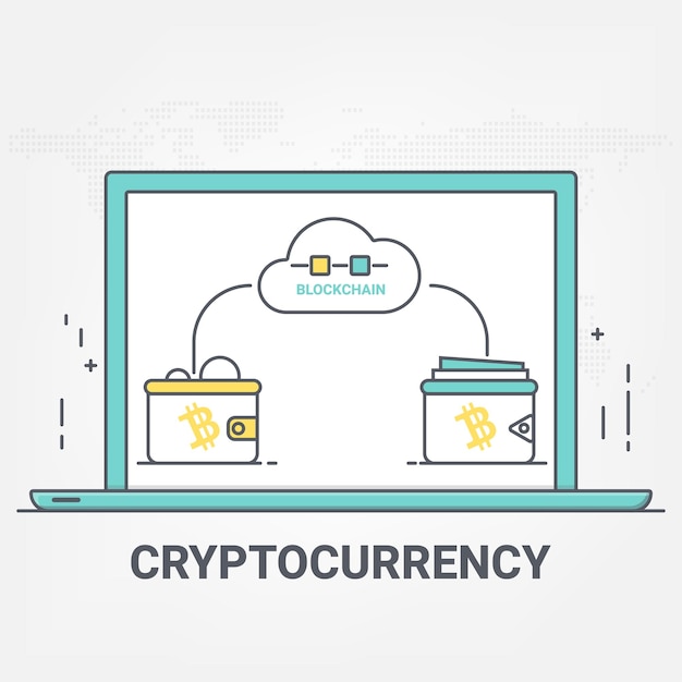 Dinero digital criptomoneda tecnología de red blockchain concepto de transferencia de bitcoin estilo de arte de línea delgada
