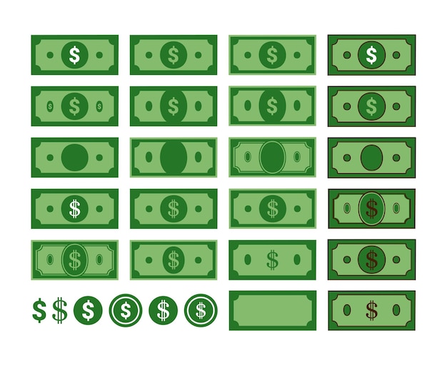 Dinero y dólar Vector Set Diferentes diseños de billetes verdes