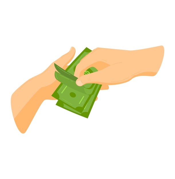 Dinero en efectivo en la mano ilustración vectorial moneda de financiación empresarial aislada en blanco pat bancaria o icono de inversión contar dólar verde