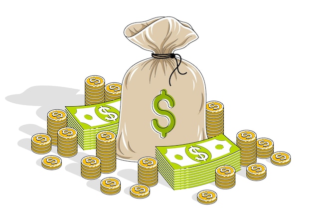 Dinero en efectivo y riqueza, bolsa de dinero con pilas de dólares y monedas centavos pilas aisladas sobre fondo blanco. Ilustración de negocios y finanzas de vector isométrica, diseño de línea delgada 3d.