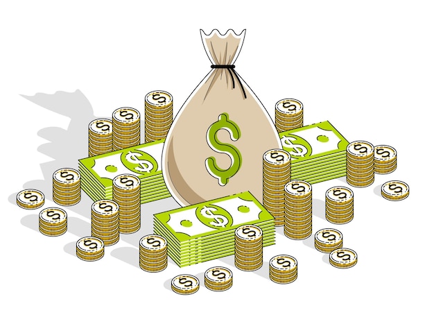 Dinero en efectivo y riqueza, bolsa de dinero con pilas de dólares y monedas centavos pilas aisladas sobre fondo blanco. Ilustración de negocios y finanzas de vector isométrica, diseño de línea delgada 3d.