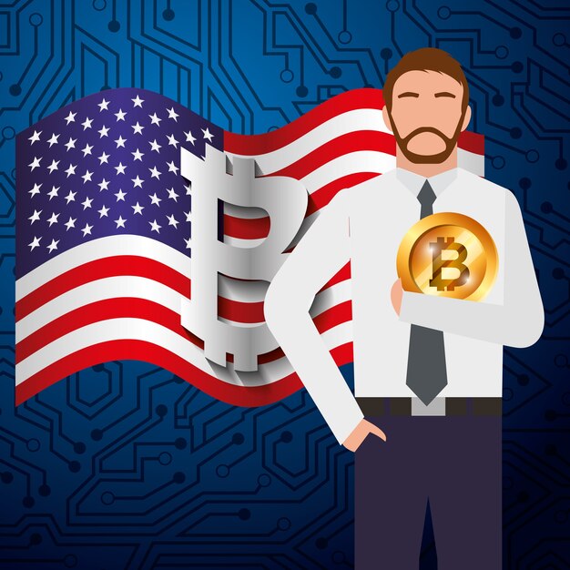Vector dinero del empresario bitcoin y bandera americana