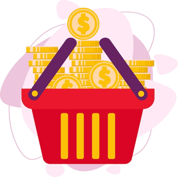 El dinero está en la cesta de la compra roja. Muchas monedas de oro. Compras. Ilustración de vector plano.