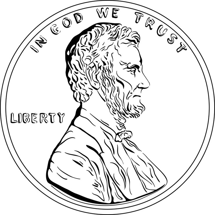 Vector dinero estadounidense, estados unidos un centavo o un centavo, el presidente lincoln en el anverso. imagen en blanco y negro
