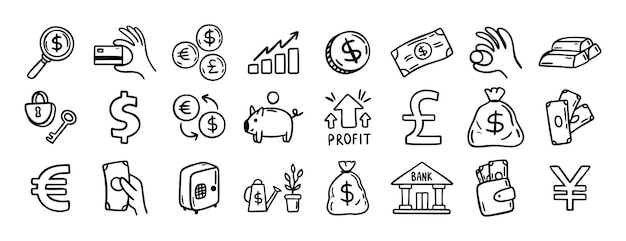 Dinero, finanzas y divisas juego de garabateo juego de rabateo icono dibujado a mano juego de dibujos de contornos billetes de dólar