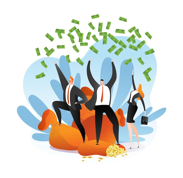Dinero ganador negocio persona éxito vector ilustración dibujos animados feliz hombre mujer personaje con efectivo