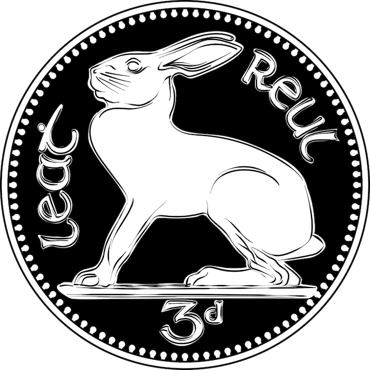 Vector dinero irlandés moneda de tres peniques de plata predecimal con liebre irlandesa en el reverso imagen en blanco y negro