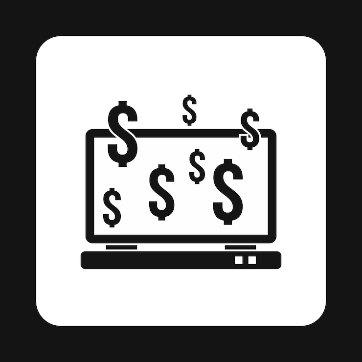 Vector dinero en línea en el icono de la computadora en estilo simple aislado sobre fondo blanco símbolo de ganancias