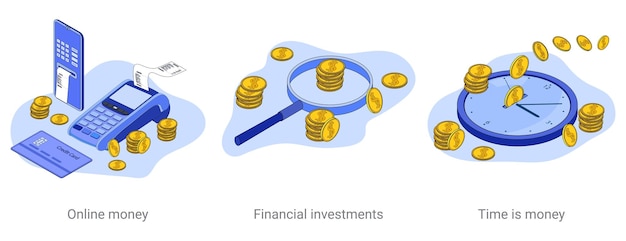 Vector dinero en línea inversión financiera tiempo dinero un conjunto de ilustraciones vectoriales sobre un tema de negocios