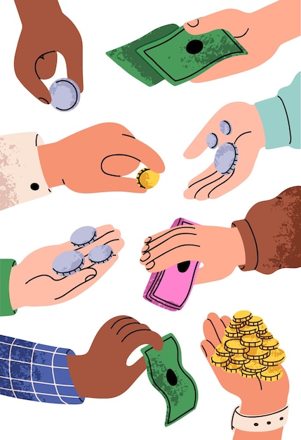 Dinero en manos Dando intercambiando teniendo efectivo billetes de papel billetes de banco monedas pagando donando finanzas concepto financiero ilustraciones gráficas vectoriales planas aisladas sobre fondo blanco