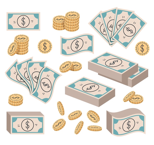 Vector dinero, papel y monedas de oro aislado elemento de diseño colección aislada conjunto