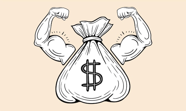 dinero poder bolsa de dinero con poderosos músculos del brazo mano vector dibujado a mano