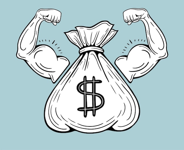 dinero poder bolsa de dinero de vuelta con armas poderosas ilustración vectorial dibujada a mano