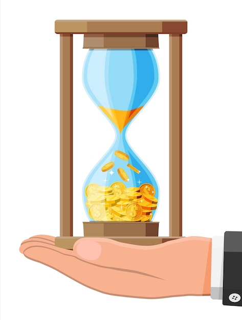 Dinero en reloj de arena reloj en mano. Retorno de la inversión, gráfico creciente de monedas de oro. Crecimiento, ingresos, ahorro, inversión. Símbolo de riqueza. Éxito en el negocio. Ilustración de vector de estilo plano.