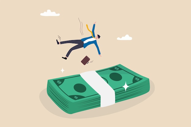 Dinero de reserva de seguro o fondo de emergencia por error de falla comercial o compensación por accidente o apoyo monetario y concepto de colchón fallar empresario que cae en un colchón de seguridad de billetes de dinero enorme